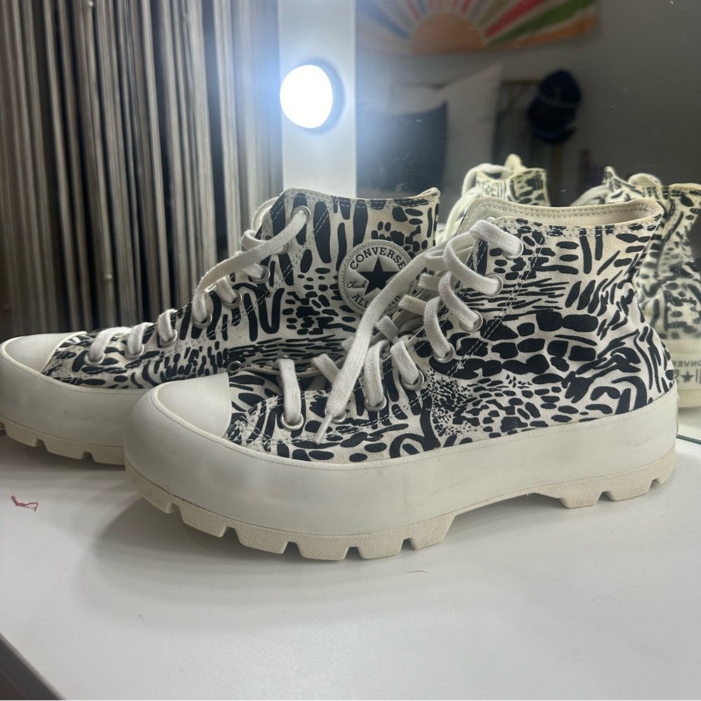 Lugged black and white animal print platform converse